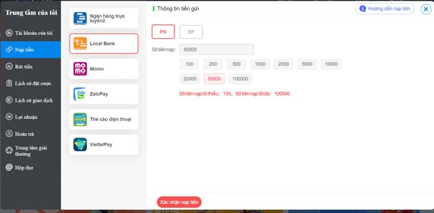 Lựa chọn nạp 50k– Chọn ngân hàng dùng để chuyển khoản > “Thanh toán ngay” lô đề online giao diện nạp tiền gi8